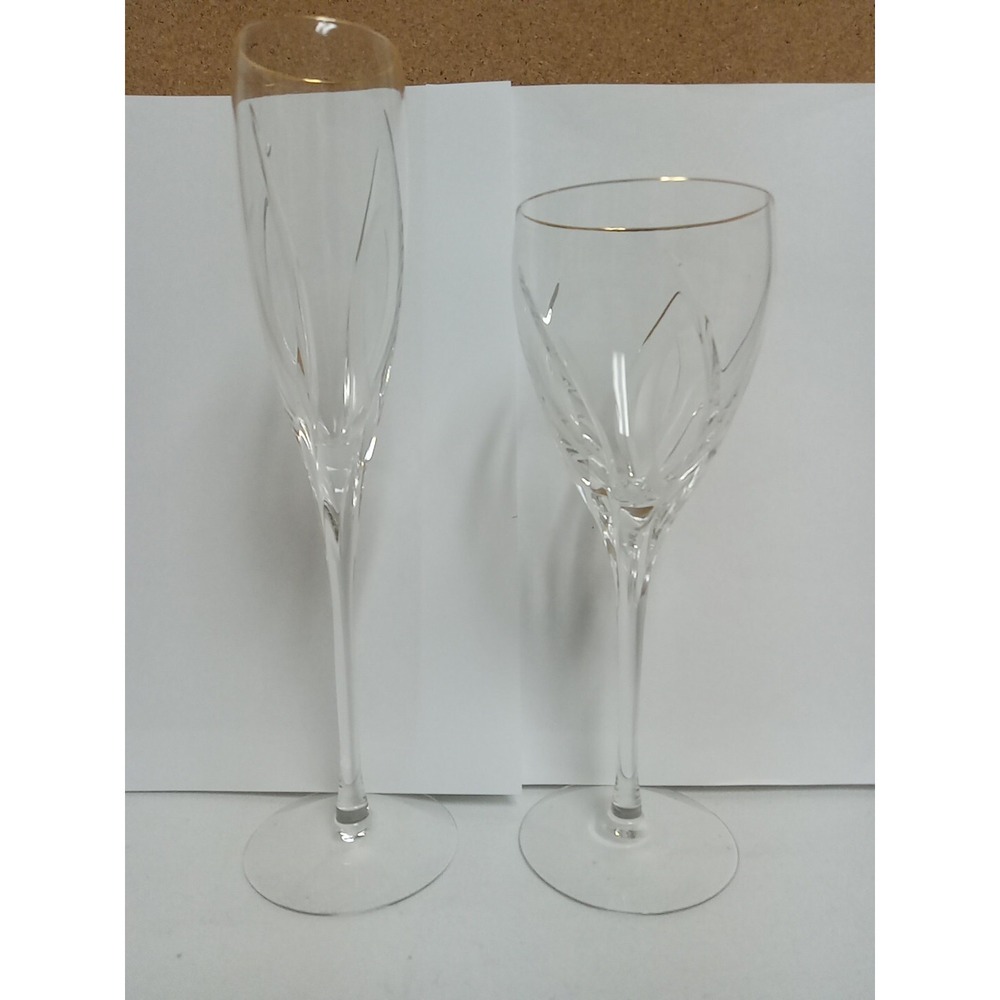 2 Lenox Debut Gold Rim Wine And Champagne Glass Set Etched Crystal Vintage